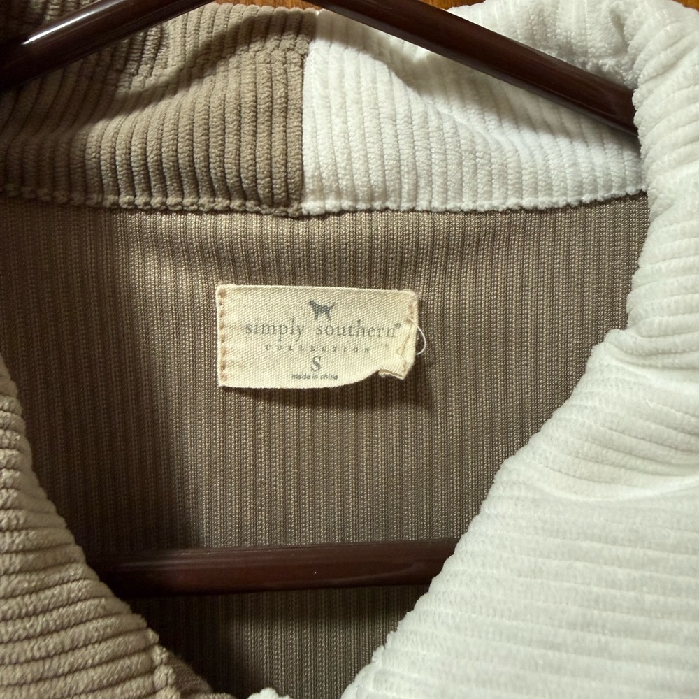Simply Southern Color Block Corduroy Shacket Taupe Cream Button Front Small - Picture 3 of 4